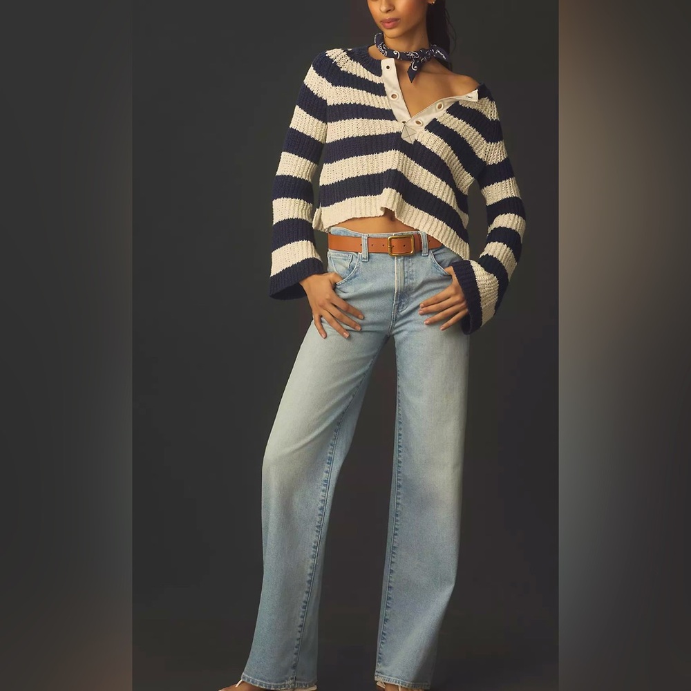 Pilcro Anthropologie $138 Striped Crochet Fisherman Sweater Blue White Stripes‎